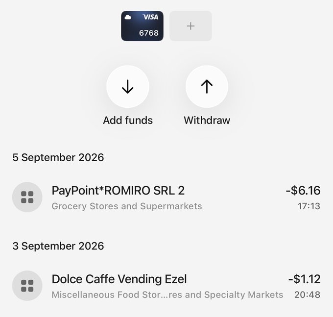A digital wallet interface showing a Visa card ending in 6768 with options to add funds or withdraw, and recent transactions including 'PayPoint*ROMIRO SRL 2' for -$6.16 and 'Dolce Caffe Vending Ezel' for -$1.12.