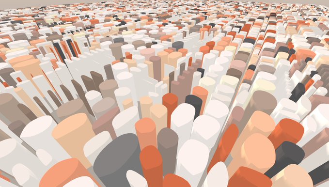 A 3D-rendered abstract pattern of densely packed cylindrical shapes in white, orange, gray, and black colors extending into the distance.