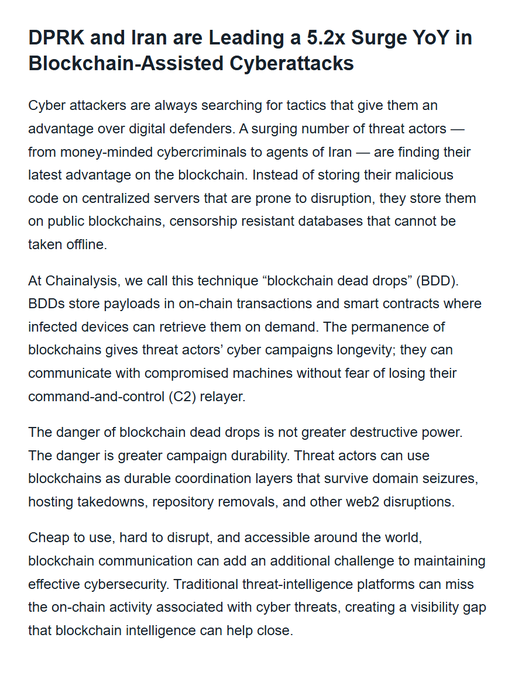 An article titled 'DPRK and Iran are Leading a 5.2x Surge YoY in Blockchain-Assisted Cyberattacks' discussing the use of 'blockchain dead drops (BDD)' by cyber attackers.