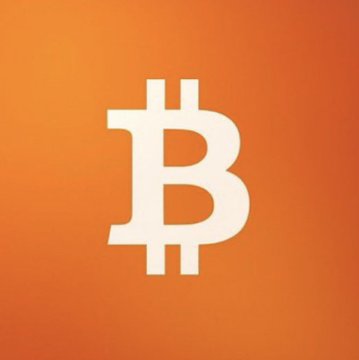 The Bitcoin '₿' cryptocurrency logo in cream/beige on an orange gradient background.