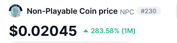 The image displays a price widget for Non-Playable Coin (NPC) at $0.02045, showing a 283.58% gain over the past month. This bullish performance graphic visually supports the post's claim that the meme-inspired $NPC token is gaining significant traction and recognition in the crypto market.