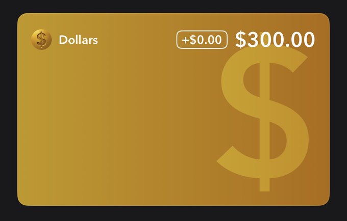 A gold "Dollars" card showing a balance of $300.00 with a +$0.00 indicator is displayed, likely representing a Flipcash tip card being offered for free money giveaways on a Solana payment app.