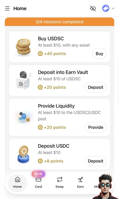 A screenshot of a crypto app's "Home" tab showing missions to buy, deposit, and provide liquidity for USDSC to earn points.
