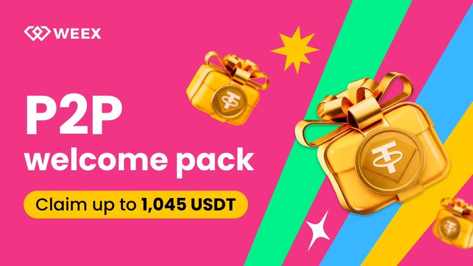 The image features a promotional poster for a P2P payment processor called WEEX. The advertisement has a vibrant and colorful design, with gold boxes scattered throughout, featuring some stars as well. In the foreground of the image, there's an illustration of a golden box with a ribbon tied around it. 

The main text on the poster reads "Welcome Pack" and highlights that customers can claim up to 1,045 USDT in rewards. The advertisement also mentions that if you join now, you have the advantage of winning prizes from a lucky draw of over 1,000 USDTH.