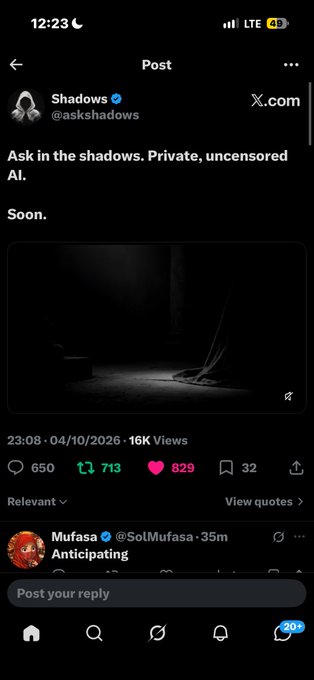 A screenshot of an X (formerly Twitter) post from user 'Shadows' (@askshadows) reading 'Ask in the shadows. Private, uncensored AI. Soon.' with 16K views dated 04/10/2026.