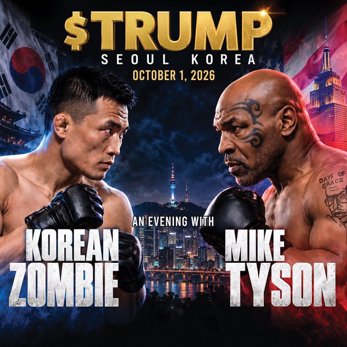 A promotional fight poster for a "$TRUMP" event in Seoul, Korea on October 1, 2026, featuring a face-off between MMA fighter "Korean Zombie" (left) and Mike Tyson (right), with the tagline "An Evening With Korean Zombie & Mike Tyson" set against a nighttime Seoul skyline backdrop.