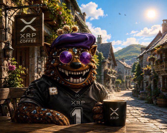 A whimsical illustration of a furry creature wearing a purple beret, sunglasses, and an XRP jersey sitting at an outdoor café table with a mug labeled 'XRP', with an 'XRP COFFEE' sign hanging in the background.