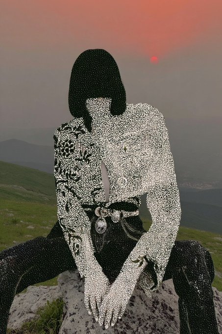 A surreal figure composed entirely of metallic studs sits on a rock formation against a hazy sunset landscape with the sun glowing red through smog. The post references a 1/1 (unique) piece from the "PLACE OF POWER" collection, suggesting this beaded, textured artwork symbolizes a solitary, meditative figure connected to spiritual or elemental energy in a remote natural setting.