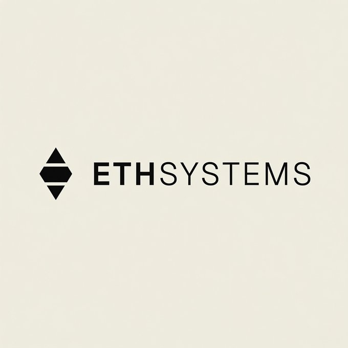 The image displays the ETHSystems logo, featuring a black geometric emblem next to the wordmark "ETHSYSTEMS" on a cream background. The logo represents one of the Ethereum Foundation spin-out organizations backed by Joe Lubin, Bitmine, and SharpLink, as mentioned in the accompanying post about major Ethereum ecosystem developments.