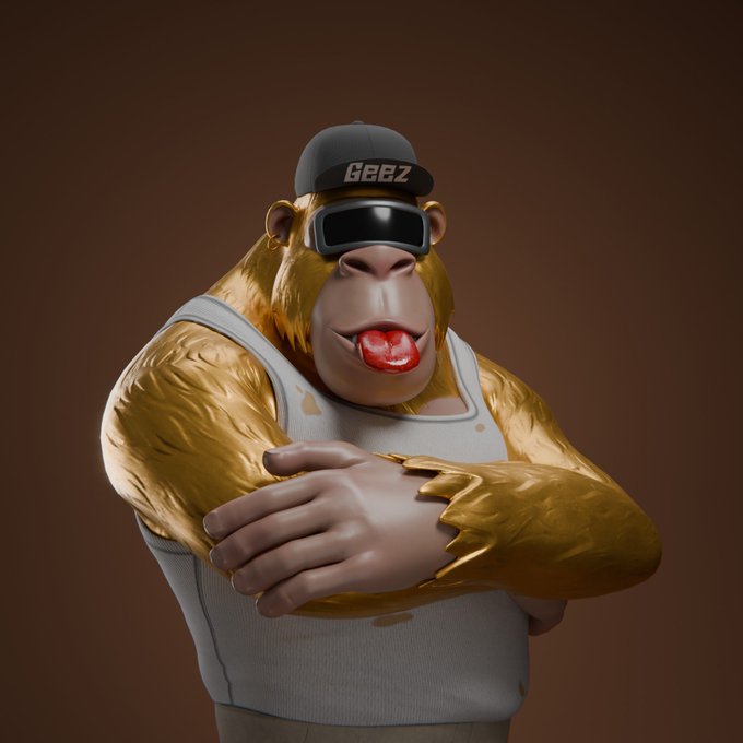 A 3D-rendered monkey character wears a black cap reading 'GEEZ', dark sunglasses, and a white tank top, standing with arms crossed against a brown background.
