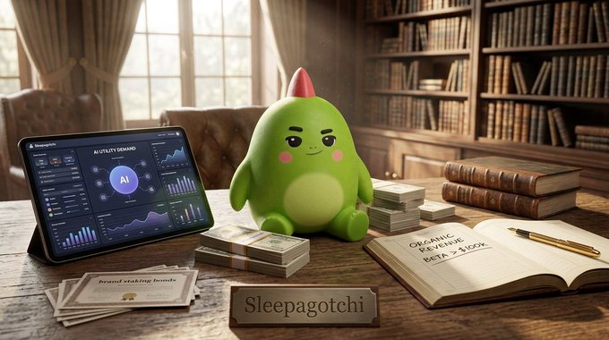 Image of a green cartoon mascot with a red spike standing next to a tablet displaying AI analytics, stacks of money, and a notebook labeled 'ORGANIC REVENUE BETA +120%', with a nameplate reading 'Sleepagotchi'.