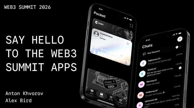 Promotional graphic for the 'WEB3 SUMMIT 2026' featuring two smartphone mockups showing a 'Pocket' app interface with chats and a 'SAY HELLO TO THE WEB3 SUMMIT APPS' headline, crediting 'Anton Khvorov' and 'Alex Bird'.