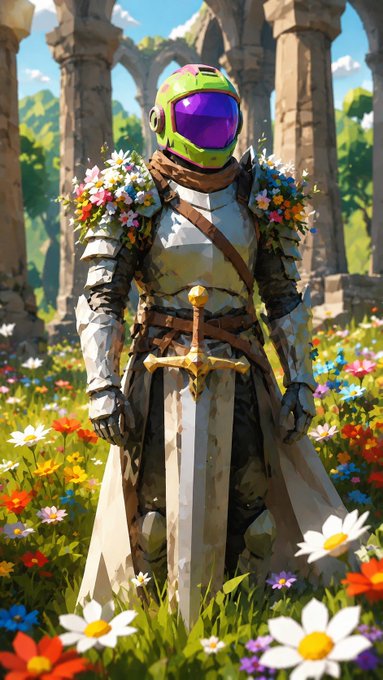 A digital illustration of a knight wearing a green and purple astronaut-like helmet, adorned with flowers, standing in a field of daisies with a sword in front of ancient ruins.