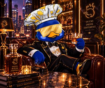 A stylized anthropomorphic duck wearing a tuxedo and chef's hat sits in a luxurious leather chair holding a glass of amber liquid, with books titled "SAUCE BURGER EDITION" and "GOLDEN PHOENIX" and a sign reading "DUCKS DRINK DIFFERENT" visible in the scene.