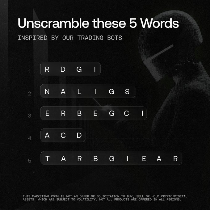 The image is a dark-themed word scramble challenge titled "Unscramble these 5 Words — INSPIRED BY OUR TRADING BOTS," featuring five jumbled terms related to cryptocurrency trading: 1) RDGI, 2) NALIIGSS, 3) ERBEGCI, 4) ACD, and 5) TARBGIEAR, with a disclaimer noting it's not a solicitation to buy crypto. It serves as a weekend quiz contest where OKX followers can win $500 USDT by unscrambling trading-related terms and commenting their answers.