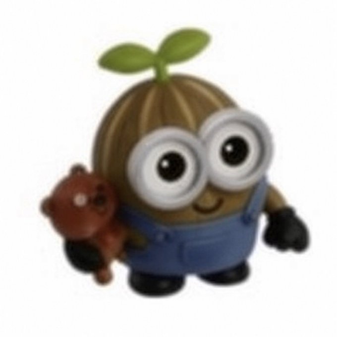 A cute 3D-rendered character resembling a Minion but with a brown, ribbed, onion-like head topped with a green sprout, holding a small brown teddy bear.
