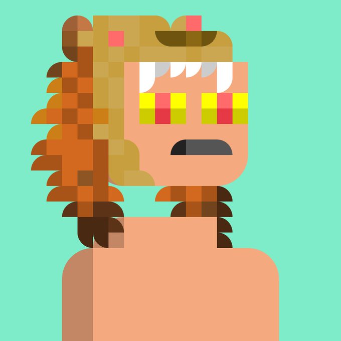 A pixel art illustration of a blonde character with pigtails, freckles, and multi-colored pixelated eyes against a solid teal background.