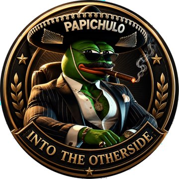 A circular meme coin logo labeled 'PAPICHULO' featuring a Pepe the Frog character in a suit and sombrero smoking a cigar, with 'INTO THE OTHERSIDE' inscribed.
