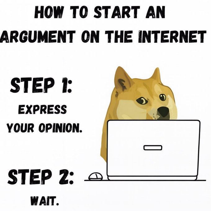 Humorous 'Doge' meme titled 'HOW TO START AN ARGUMENT ON THE INTERNET' with steps: 'STEP 1: EXPRESS YOUR OPINION. STEP 2: WAIT.' showing the Shiba Inu dog at a laptop.