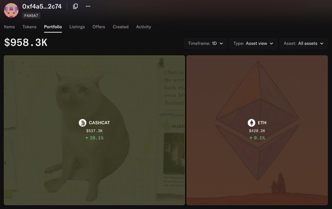 A dark-mode NFT portfolio dashboard showing a total value of $958.3K, with asset tiles for "CASHCAT" at $537.3K (+28.1%) and "ETH" at $420.2K (+0.1%).
