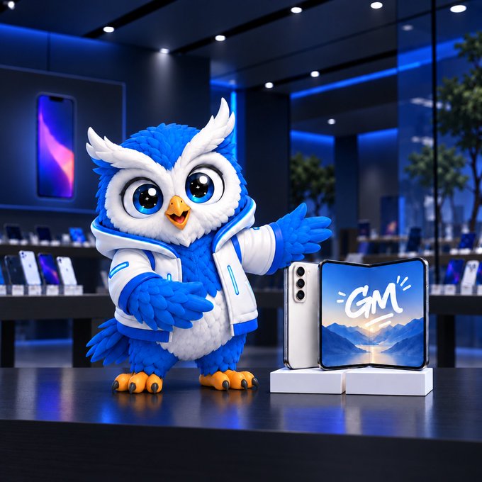 A 3D-rendered blue and white owl mascot wearing a hoodie, presenting two smartphones (one folded) displaying 'GM' branding in a modern electronics store.