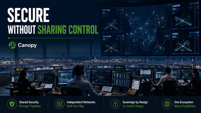 A promotional graphic for Canopy reading 'SECURE WITHOUT SHARING CONTROL' showing a dark control room with operators facing multiple screens displaying global satellite networks.