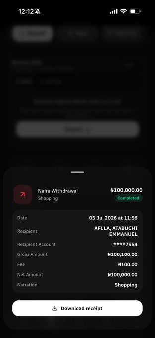 A screenshot of the Celia Wallet app showing a completed "Naira Withdrawal" receipt of ₦100,000.00 to AFULA, ATABUCHI EMMANUEL on 05 Jul 2026, with a "Download receipt" button—illustrating the app's transaction history feature the user is praising.