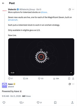 A post by @DieselITC on October 5, 2025, announces seven new tokenized Magnificent Seven vault products built on @base, with each vault putting in an onchain strategy, available only in eligible geos and U.S., and available now live. The image shows a dark video player with a gear/cog icon and a timer reading 0:15, relating to the "equity carry trade" announcement mentioned in the accompanying post.