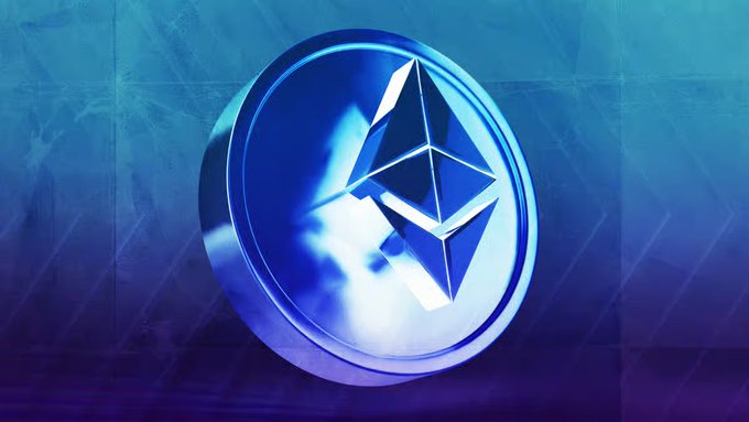 A glowing blue Ethereum (ETH) logo is displayed against a textured, dark blue and purple background.