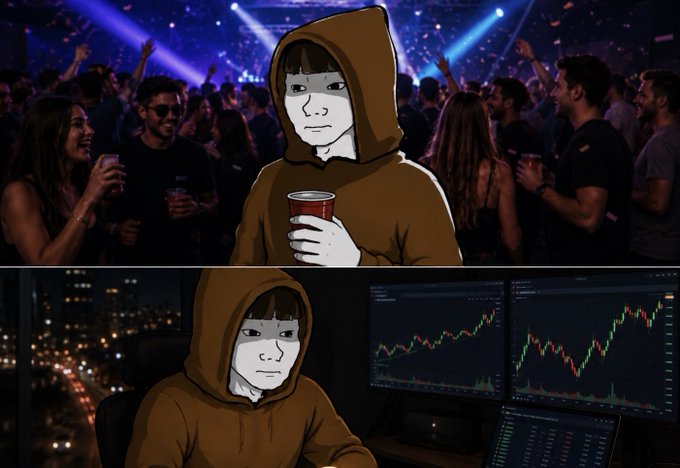 A two-panel Wojak meme showing a hooded figure holding a red cup at a party, then sitting at a computer with stock trading charts at night, depicting a lonely crypto/stock trader.