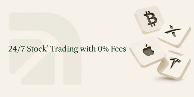 The image promotes Arcus with the text "24/7 Stock* Trading with 0% Fees" alongside logo blocks featuring Bitcoin, Apple, and Tesla, illustrating the platform's onchain trading of tokenized stocks, crypto, and other assets that the post highlights as a simple, self-custodial alternative to traditional trading.