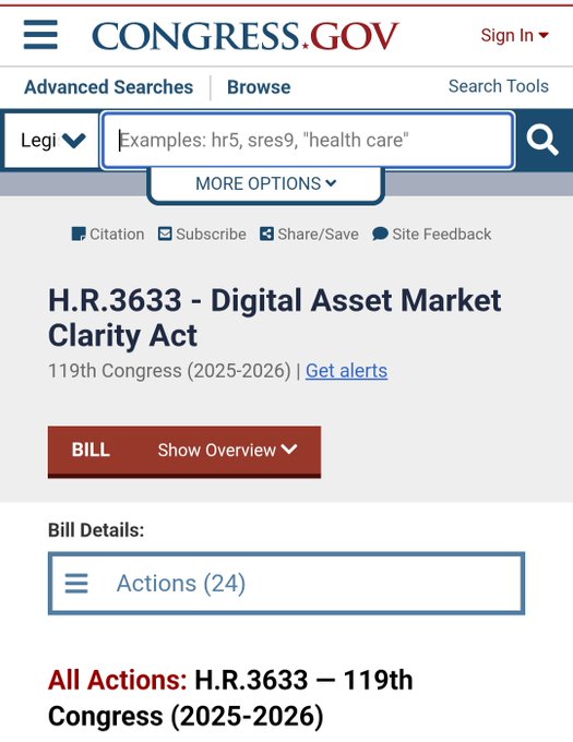 The image shows a Congress.gov webpage for H.R.3633, the "Digital Asset Market Clarity Act" in the 119th Congress (2025-2026), with a "BILL" overview button and 24 recorded actions.

The image supports the post by displaying the official legislative page for the Digital Asset Market Clarity Act, the very bill referenced in the poll asking whether users plan to buy XRP before the Senate releases its final text.