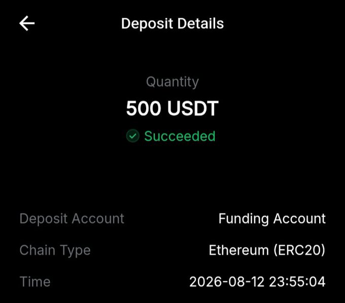 A mobile app screen showing 'Deposit Details' for a successful 500 USDT deposit via Ethereum (ERC20) on 2026-08-12 23:55:04.