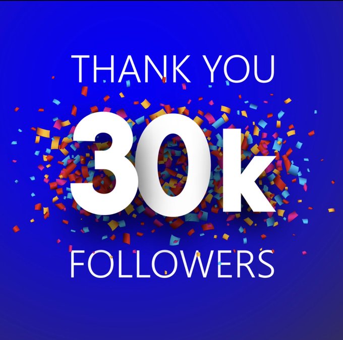 A vibrant blue graphic with colorful confetti reads "THANK YOU 30K FOLLOWERS," celebrating the account hitting 30,000 followers. The festive design ties into the post's playful message about the growing "30,000 XRP Soldiers Strong" community and the idea of needing a bigger venue for the XRP Millionaires party.