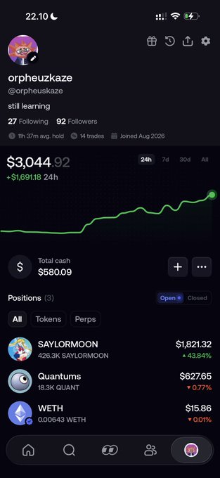 A mobile screenshot of a crypto trading portfolio for user '@orpheuskaze' showing a total value of '$3,044.92' with open positions in SAYLORMOON, Quantums, and WETH.