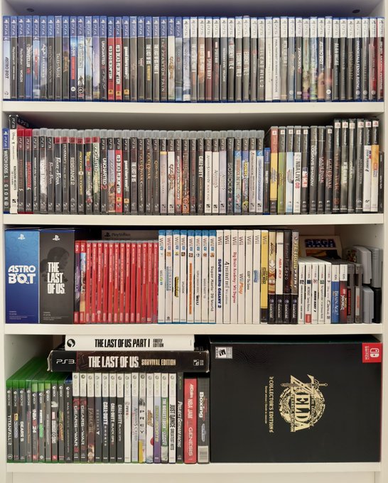 A well-organized white bookshelf displays an extensive video game collection with numerous titles including PlayStation 4 games like "God of War," "Spider-Man," "Call of Duty," and "Destiny," alongside Nintendo Switch games such as "Super Mario Maker 2" and "The Last of Us Part II," with a "The Last of Us Survival Edition" prominently displayed on the bottom shelf. The post ties into this image by criticizing the shift toward digital-only game ownership, arguing that physical collections like this one offer tangible permanence versus the vulnerability of digital icons that can vanish without compensation.
