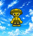 A small yellow monkey-like character floating against a blue sky with clouds, likely the character logo for a brand or app.
