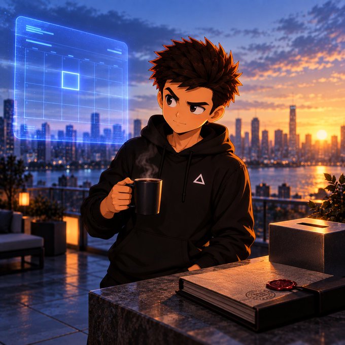 An anime-style illustration of a young man in a black hoodie holding a steaming mug on a rooftop at sunset, with a holographic display floating beside him and a city skyline in the background.