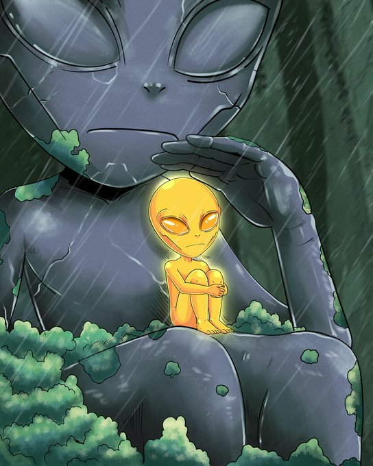 A digital illustration depicting a large gray alien statue in the rain protectively sheltering a small, glowing yellow alien sitting curled up in its lap, surrounded by green foliage.