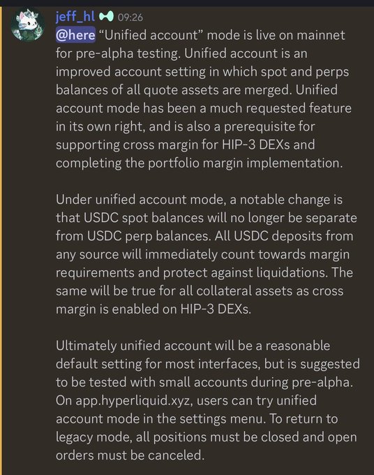 The image shows a Discord message from user "jeff_hl" announcing that "Unified account" mode is live on mainnet for pre-alpha testing on Hyperliquid, explaining that under this mode, spot and perps balances of all quote assets are merged, with USDC deposits immediately counting toward margin requirements.

The caption relates to the post by illustrating Hyperliquid's implementation of a "shared collateral layer" — the unified account mode directly addresses the fragmented liquidity problem by merging balances across markets, allowing one deposit to back positions portfolio-wide rather than being siloed in isolated pools.