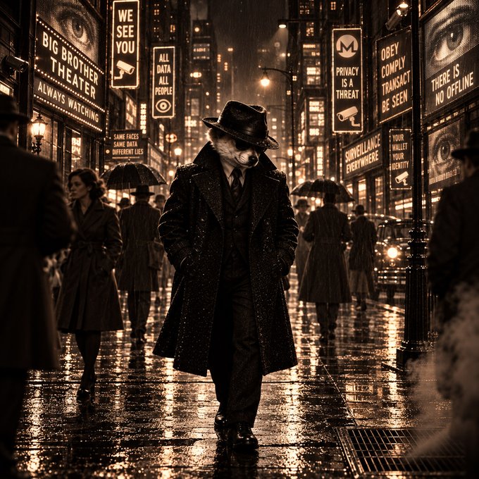 A dark, atmospheric digital artwork in sepia tones showing a masked figure in a fedora and trench coat walking down a rainy city street lined with surveillance billboards reading 'BIG BROTHER THEATER ALWAYS WATCHING', 'WE SEE YOU', 'OBEY COMPLY', and 'PRIVACY IS A THREAT'.