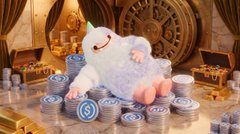 In the center of the image, there's a large, fluffy white stuffed animal sitting among stacks of coins. The stuffed animal appears to be a snowman with a carrot nose and a blue hat. It seems to be positioned on a table covered in coins as well. In the background, there are various objects such as books and other items that may not be directly related to the image's content but provide context for the scene.