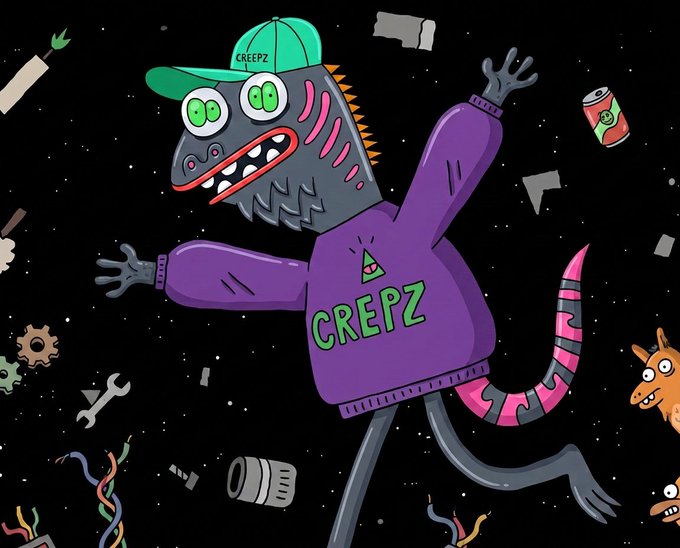 A cartoon illustration of a creature labeled 'CREEPZ' in a purple sweater and green 'CREEPZ' hat, surrounded by floating objects against a starry space background.