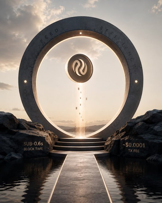 A futuristic stone portal inscribed with "SPEED" and "EFFICIENCY" stands at the center, featuring the Injective logo glowing within and floating text noting "SUB-0.6s BLOCK TIME" and "~$0.0001 TX FEE"—visually emphasizing the blockchain's lightning-fast transaction speeds and near-zero costs highlighted in the post.