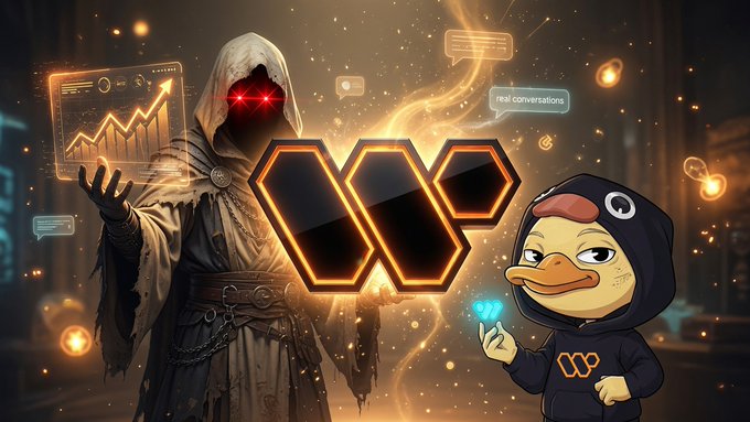 A fantasy-style digital illustration featuring a hooded figure with glowing red eyes, a 'W' logo, and a cartoon duck character in a hoodie.
