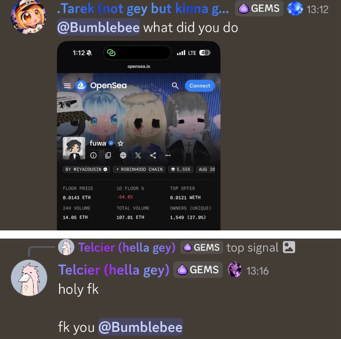 The image shows a Discord conversation where user "Tarek" tags "@Bumblebee" asking what they did, referencing a screenshot of an OpenSea NFT collection page for "fuwa" (showing a -54.8% drop in floor price to 0.0143 ETH with 5,555 supply on Robinhood Chain). Another user "Telcier" reacts with "holy fk" and "fk you @Bumblebee," indicating that Bumblebee likely made a poor buying decision ("aping in") on this declining NFT collection, much to the dismay of their CT (crypto Twitter) friends.