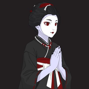 An anime-style illustration of a pale-skinned character with dark hair in an updo, wearing a black kimono with red accents and holding their hands together.