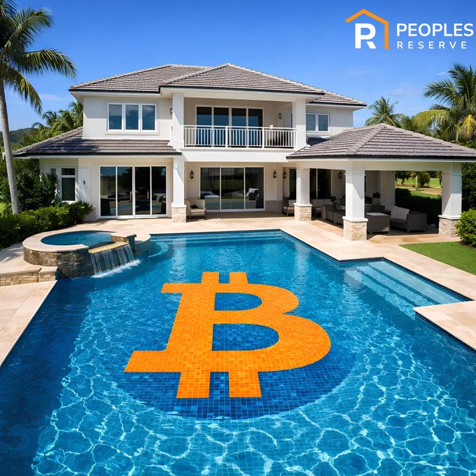 A luxury home with a pool featuring an orange Bitcoin (₿) mosaic on the bottom, displayed alongside the "People's Reserve" logo, visually promoting the concept of using a Self-Repaying Mortgage to buy property without selling crypto holdings.