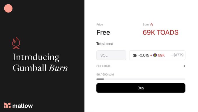 A user interface for 'Gumball Burn' by Mallow, showing a free NFT mint with a burn cost of 69K TOADS, a total cost of approximately ~0.015 SOL and 69K (~$17.79), and a 'Buy' button, with 56/690 sold.
