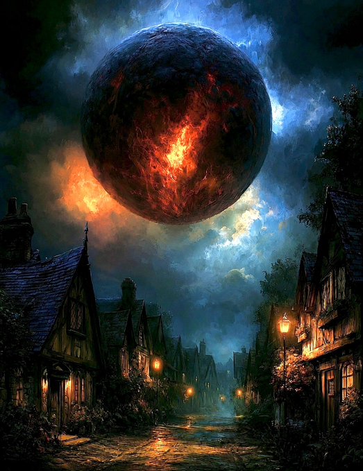 A dramatic fantasy illustration showing a fiery, glowing planet or moon looming over a medieval village with Tudor-style houses, cobblestone streets, and glowing lanterns at twilight.